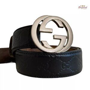 Authentic Gucci Black Guccissima Leather Silver Interlocking G Buckle Belt 85/32